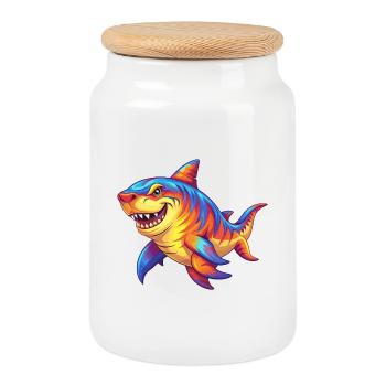 Tiger Hai Bunt Kawaii Cartoon Meerestier - Keksdose mit Holzdeckel - Weiß - Vorne