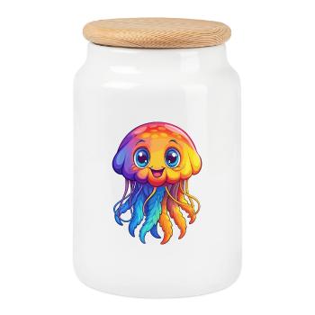 Sea Nettle Colorful Kawaii Cartoon Sea Animal - Cookie Jar with Wooden Lid - white - Front