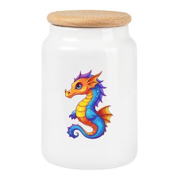 Sea Dragon Colorful Kawaii Cartoon Sea Animal - Cookie Jar with Wooden Lid - white - Front