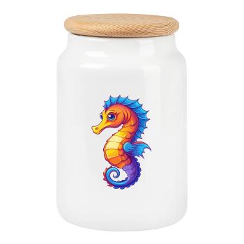 Seahorse Colorful Kawaii Cartoon Sea Animal - Cookie Jar with Wooden Lid - white - Front
