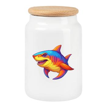 Requin Sixgill Coloré Kawaii Dessin animé Animal marin - Boîte à biscuits avec couvercle en bois - blanc - Devant