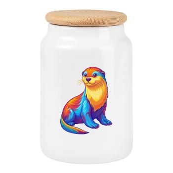 Sea Otter Colorful Kawaii Cartoon Sea Animal - Cookie Jar with Wooden Lid - white - Front