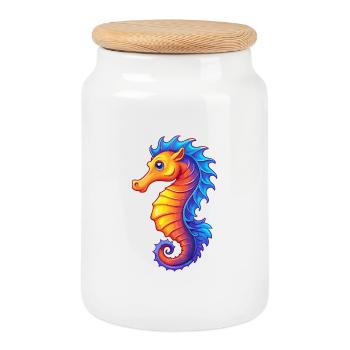 Sea Horse Colorful Kawaii Cartoon Sea Animal - Cookie Jar with Wooden Lid - white - Front