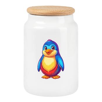 Pingouin coloré Kawaii dessin animé Animal marin - Boîte à biscuits avec couvercle en bois - blanc - Devant