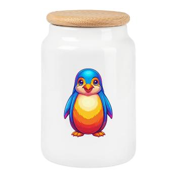 Pingouin coloré Kawaii dessin animé Animal marin - Boîte à biscuits avec couvercle en bois - blanc - Devant