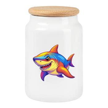 Great White Shark Colorful Kawaii Cartoon Clipart - Cookie Jar with Wooden Lid - white - Front