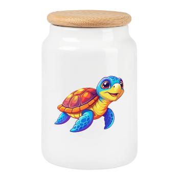 Green Sea Turtle Colorful Kawaii Cartoon Clipart - Cookie Jar with Wooden Lid - white - Front