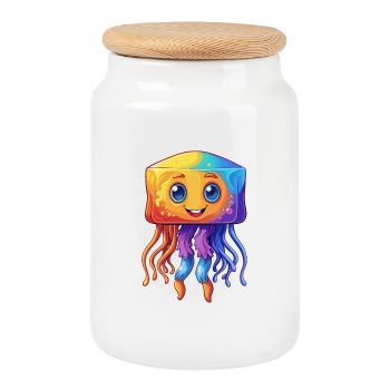 Boîte Méduse Coloré Kawaii Dessin Animé Animal Marin - Boîte à biscuits avec couvercle en bois - blanc - Devant