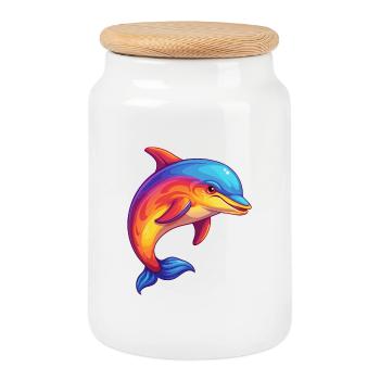 dauphin coloré kawaii dessin animé animal marin - Boîte à biscuits avec couvercle en bois - blanc - Devant