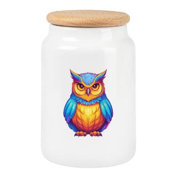 Große gehörnte Eule Bunter Kawaii Cartoon Vogel - Keksdose mit Holzdeckel - Weiß - Vorne