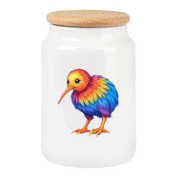 Kiwi bird Colorful Kawaii Cartoon Character Bird - Cookie Jar with Wooden Lid - white - Front