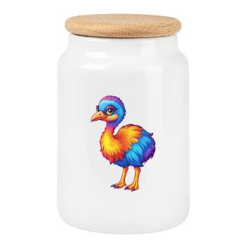 émeu coloré kawaii dessin animé personnage oiseau - Boîte à biscuits avec couvercle en bois - blanc - Devant