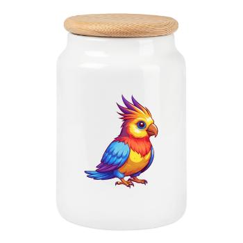 calopsitte coloré Kawaii personnage de dessin animé oiseau - Boîte à biscuits avec couvercle en bois - blanc - Devant
