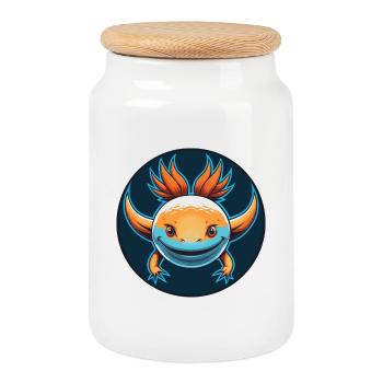 Axolotl mignon drôle Kawaii dessin animé animal animal de compagnie logo - Boîte à biscuits avec couvercle en bois - blanc - Devant