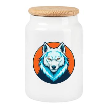 Loup Arctique Mignon Kawaii Dessin Animé Animal Animal Logo - Boîte à biscuits avec couvercle en bois - blanc - Devant