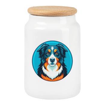 Berger australien chien Kawaii dessin animé logo pour animaux de compagnie - Boîte à biscuits avec couvercle en bois - blanc - Devant