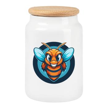 abeille mignon kawaii dessin animé clipart animal animal de compagnie logo - Boîte à biscuits avec couvercle en bois - blanc - Devant