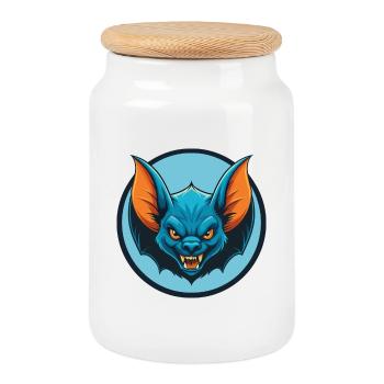 Bat Cute Kawaii Cartoon Clipart Animal Pet Logo - Cookie Jar with Wooden Lid - white - Front