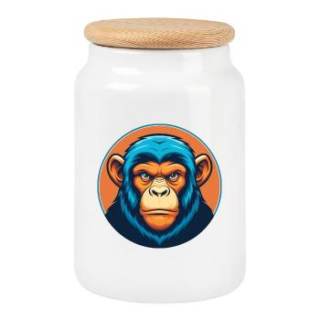 Chimpanzé mignon Kawaii dessin animé Animal Animal Logo - Boîte à biscuits avec couvercle en bois - blanc - Devant