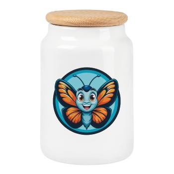 Schmetterling niedlich Kawaii Cartoon Tier Haustier Logo - Keksdose mit Holzdeckel - Weiß - Vorne