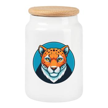 Cheetah Cute Funny Kawaii Cartoon Animal Pet Logo - Cookie Jar with Wooden Lid - white - Front