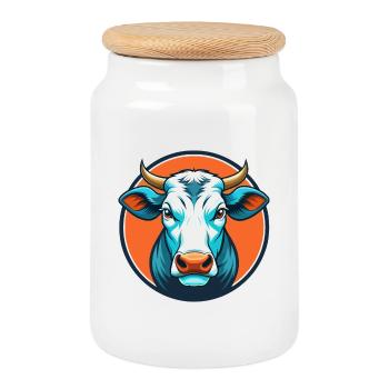 vache mignon kawaii dessin animé clipart animal animal de compagnie logo - Boîte à biscuits avec couvercle en bois - blanc - Devant