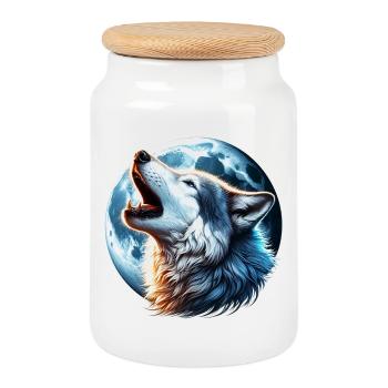 Le loup hurle à la pleine lune - Boîte à biscuits avec couvercle en bois - blanc - Devant