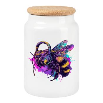 Bee Bee Bee Head with Headphones - Cookie Jar with Wooden Lid - white - Front