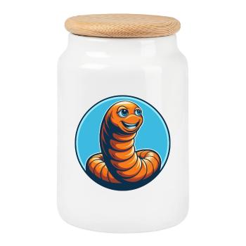 Ver de terre mignon Kawaii dessin animé Animal Animal Logo - Boîte à biscuits avec couvercle en bois - blanc - Devant