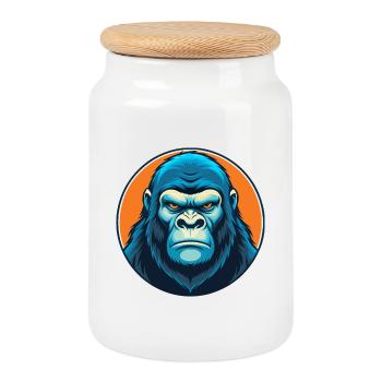 Gorilla Cute Funny Kawaii Cartoon Animal Pet Logo - Cookie Jar with Wooden Lid - white - Front