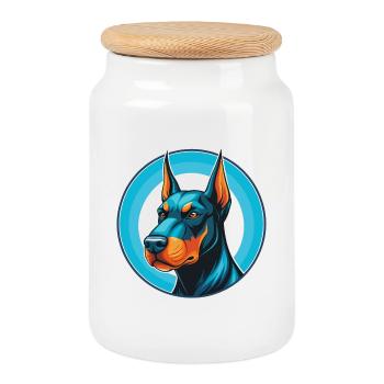 Dobermann Hund Niedliches Kawaii Cartoon Tier Haustier Logo - Keksdose mit Holzdeckel - Weiß - Vorne