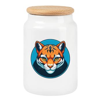 Ocelot mignon kawaii dessin animé clipart animal animal de compagnie logo - Boîte à biscuits avec couvercle en bois - blanc - Devant