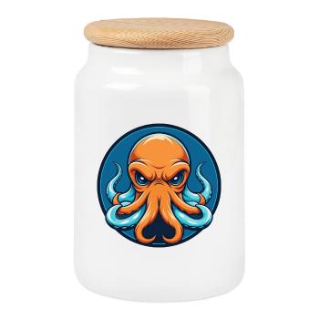 pieuvre mignonne drôle kawaii dessin animé animal de compagnie logo - Boîte à biscuits avec couvercle en bois - blanc - Devant