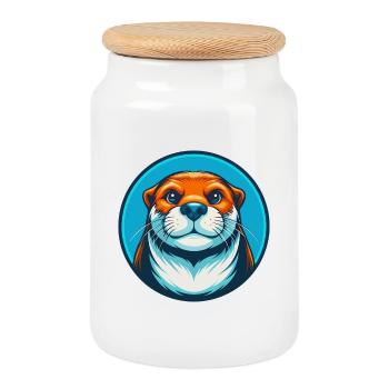 Otter Cute Kawaii Cartoon Clipart Animal Pet Logo - Cookie Jar with Wooden Lid - white - Front