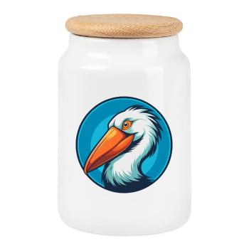 Pelican Cute Funny Kawaii Cartoon Animal Pet Logo - Cookie Jar with Wooden Lid - white - Front