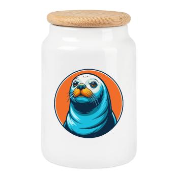 Seal Cute Kawaii Cartoon Clipart Animal Pet Logo - Cookie Jar with Wooden Lid - white - Front