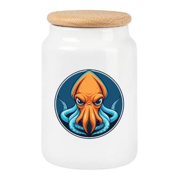 Tintenfisch niedlich kawaii Cartoon Clipart Tier Haustier Logo - Keksdose mit Holzdeckel - Weiß - Vorne