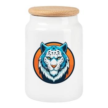 Schneeleopard Niedliches Kawaii Cartoon Tier Haustier Logo - Keksdose mit Holzdeckel - Weiß - Vorne