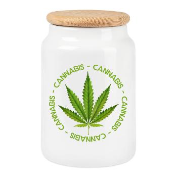 Green Leaf Cannabis Crown - Cookie Jar with Wooden Lid - white - Front
