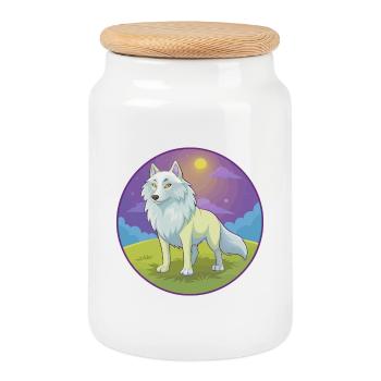 Loup Arctique Mignon Kawaii Dessin Animé Clipart Animal Animal de compagnie - Boîte à biscuits avec couvercle en bois - blanc - Devant