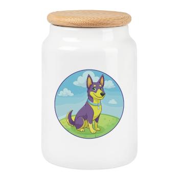 Chien Kelpie Australien Mignon Kawaii Dessin Animé Animal - Boîte à biscuits avec couvercle en bois - blanc - Devant