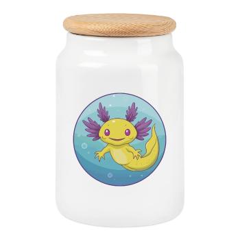 axolotl mignon kawaii dessin animé clipart animal de compagnie - Boîte à biscuits avec couvercle en bois - blanc - Devant