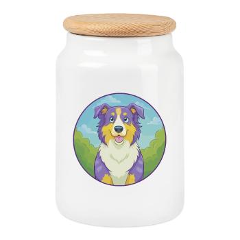 Australian Shepherd Hund Niedliches Kawaii Cartoon Tier - Keksdose mit Holzdeckel - Weiß - Vorne