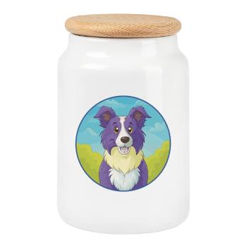 Border Collie Chien Mignon Kawaii Dessin animé Animal Animal de compagnie - Boîte à biscuits avec couvercle en bois - blanc - Devant
