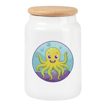 pieuvre mignon kawaii dessin animé clipart animal de compagnie - Boîte à biscuits avec couvercle en bois - blanc - Devant