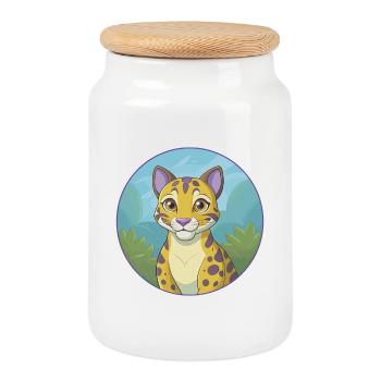 Ocelot mignon kawaii dessin animé clipart animal de compagnie - Boîte à biscuits avec couvercle en bois - blanc - Devant