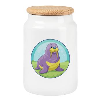 Walross Niedliche Kawaii Cartoon Clipart Tier Haustier - Keksdose mit Holzdeckel - Weiß - Vorne