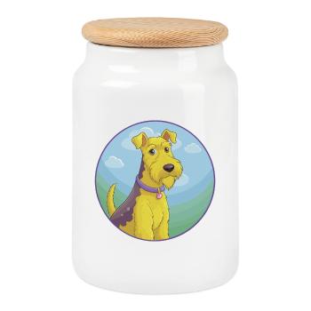 Airedale Terrier Chien Mignon Kawaii Dessin Animé Animal - Boîte à biscuits avec couvercle en bois - blanc - Devant