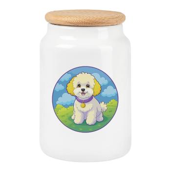 Bichon frisé chien mignon drôle Kawaii dessin animé Animal - Boîte à biscuits avec couvercle en bois - blanc - Devant