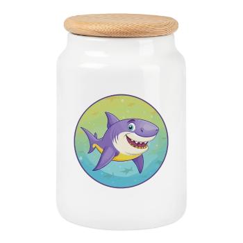 requin mignon kawaii dessin animé clipart animal de compagnie - Boîte à biscuits avec couvercle en bois - blanc - Devant